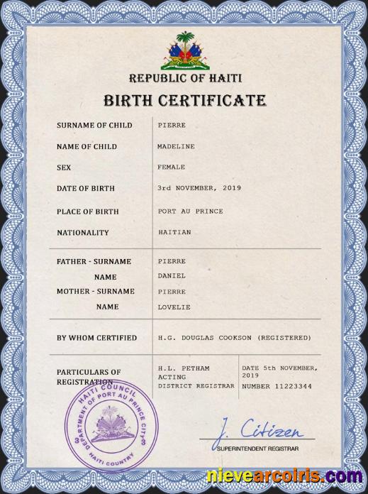Haiti vital record birth certificate